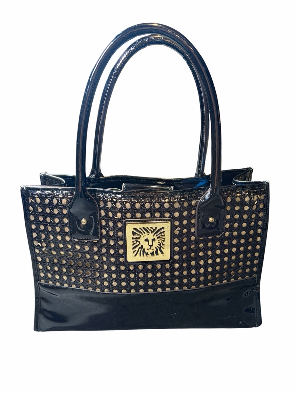 Anne Klein Black Patent Leather Purse with Gold Woven Design-90’s